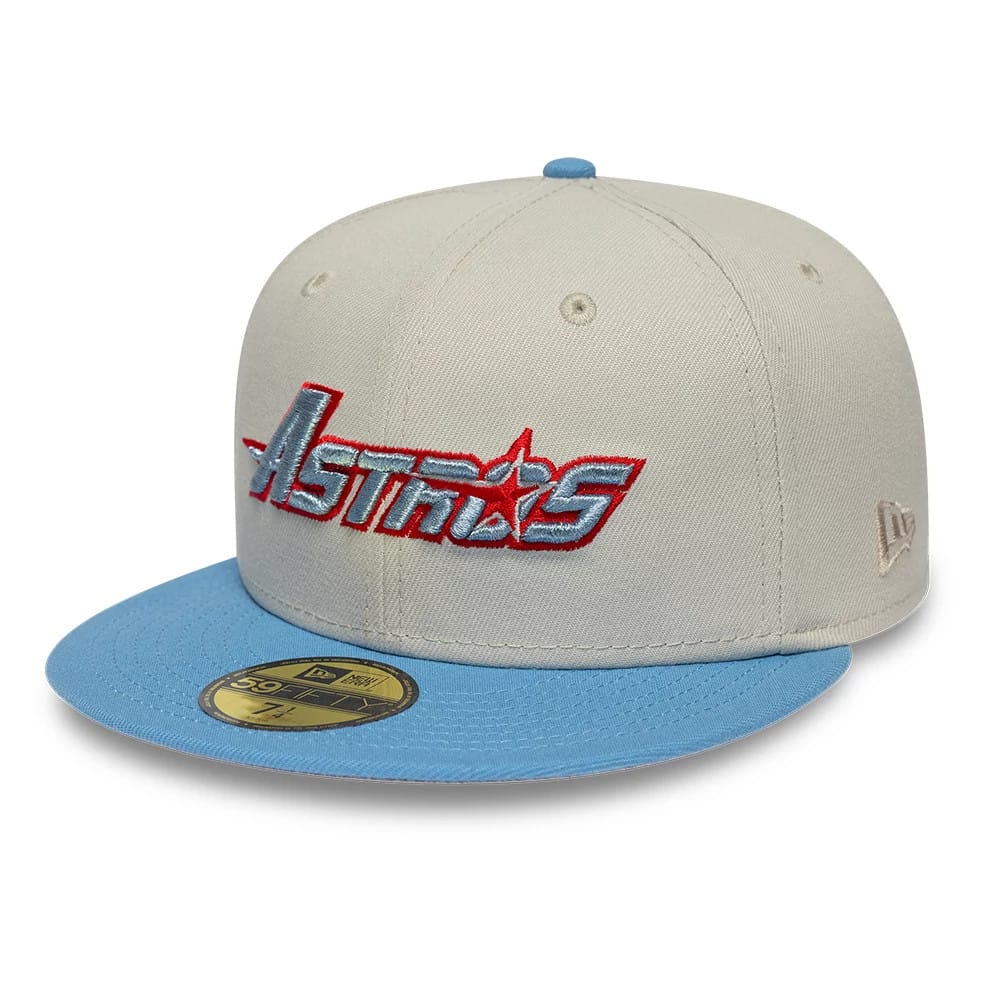 Pictured is this MLB Cooperstown Houston Astros 59FIFTY Fitted cap in beige & blue. 4