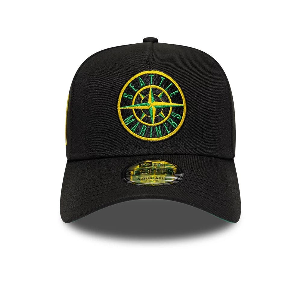 Seattle Mariners MLB Cooperstown Black New Era 9FORTY A-Frame Cap, front view showing a yellow and green embroidered Seattle Mariners logo on the structured black crown, curved visor, and 9FORTY size sticker on the black undervisor.