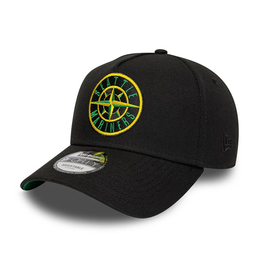 Seattle Mariners MLB Cooperstown Black New Era 9FORTY A-Frame Cap, three-quarter view showing a green and yellow embroidered logo on the front panel, black curved visor with a 9FORTY size sticker, and a green undervisor.