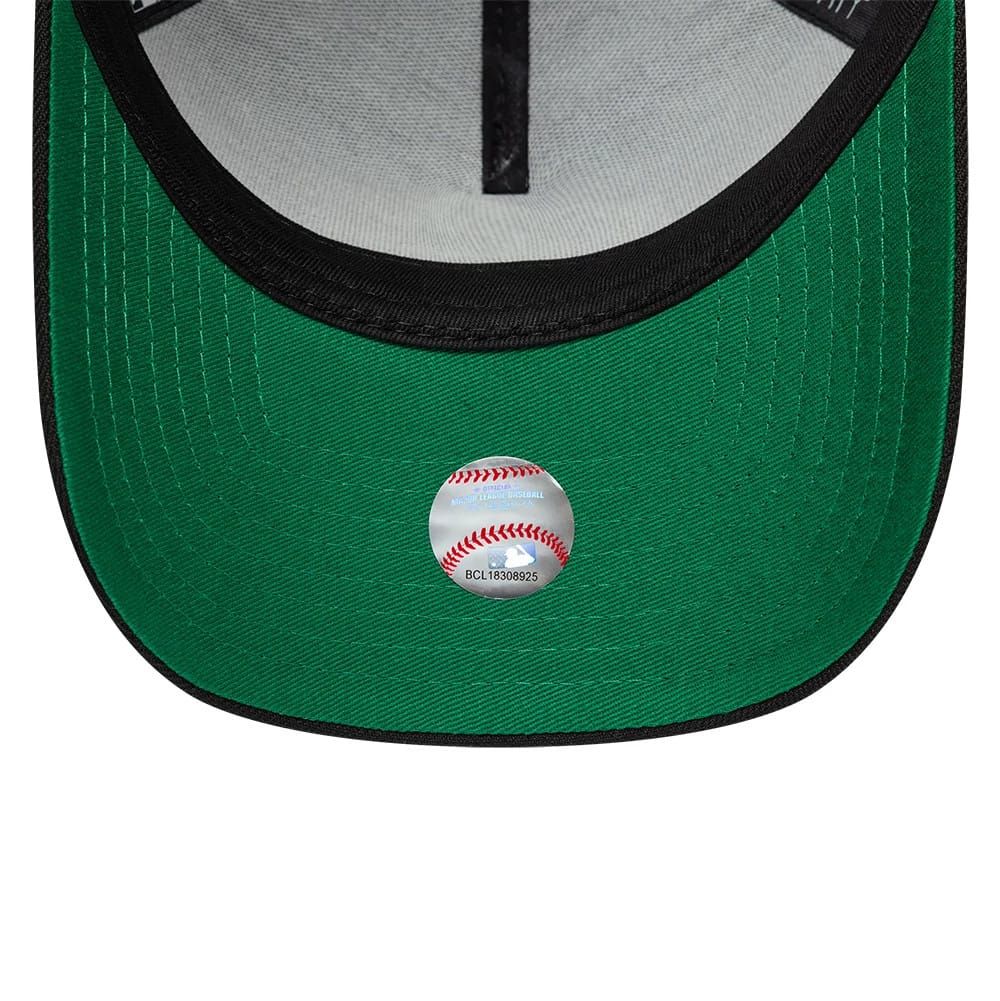 Seattle Mariners MLB Cooperstown Black New Era 9FORTY A-Frame Cap, inside view showing the green undervisor with a small round sticker featuring a red baseball seam design, a grey sweatband, and black taping on the cap's interior seams.