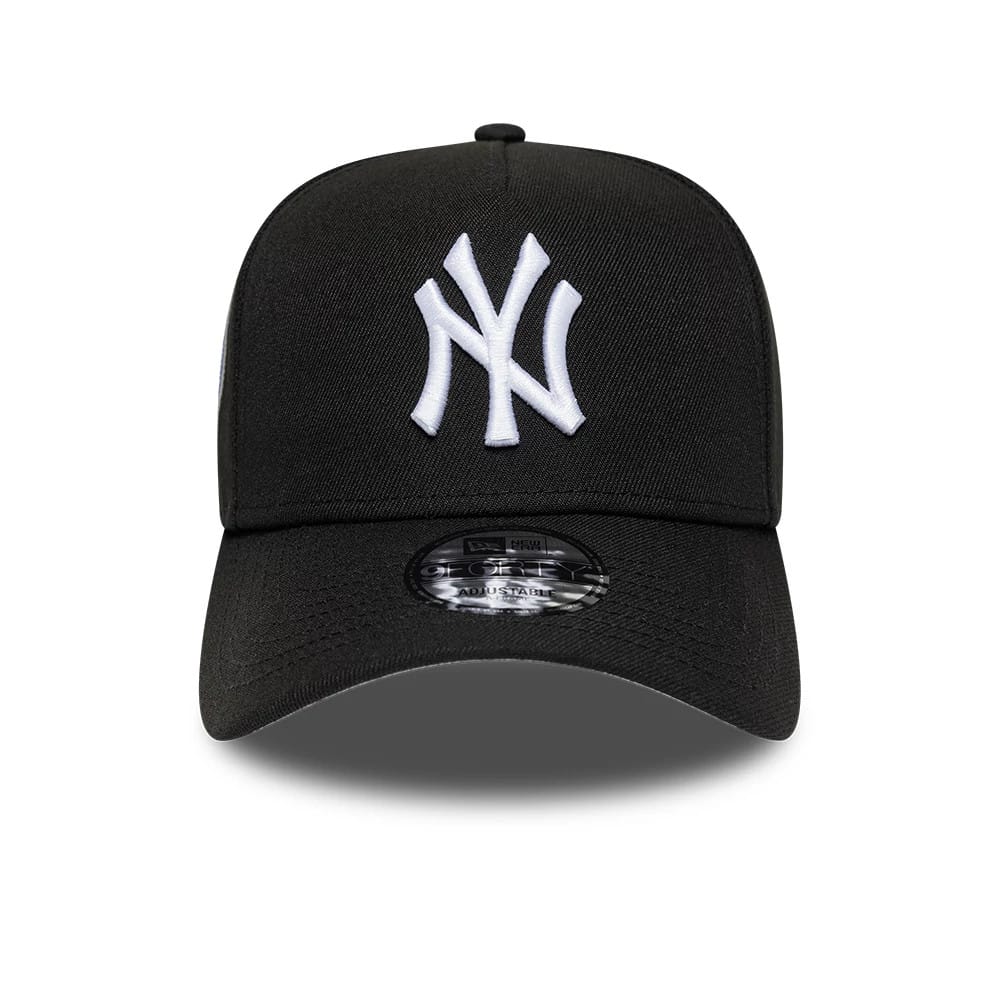 New York Yankees MLB Cooperstown Black New Era 9FORTY A-Frame Cap, front view showing a white raised embroidered NY logo on the structured black front panel, with a curved black visor and a 9FORTY size sticker placed on the centre.