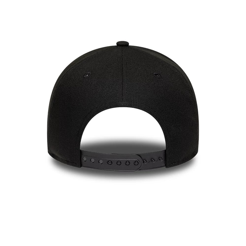 New York Yankees MLB Cooperstown Black New Era 9FORTY A-Frame Cap, rear view showing a plain back without a logo, featuring a black adjustable snap closure and two embroidered eyelets on each side of the structured black crown.