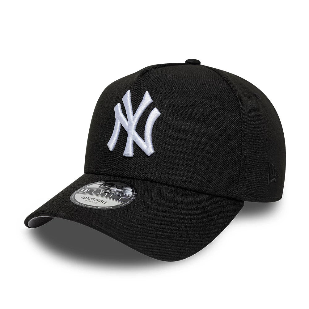 New York Yankees MLB Cooperstown Black New Era 9FORTY A-Frame Cap, front view showing a white raised embroidered NY logo on the structured black crown, a curved visor with a 9FORTY size sticker on top, and the New Era flag logo on the left side.
