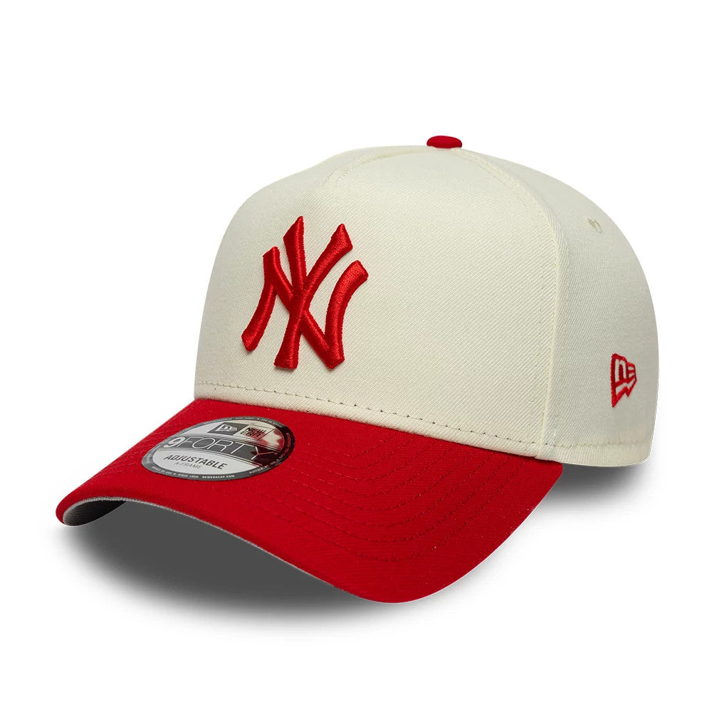 Pictured is this MLB Chrome Scarlet New York Yankees 9FORTY A-Frame Adjustable cap in cream. 1