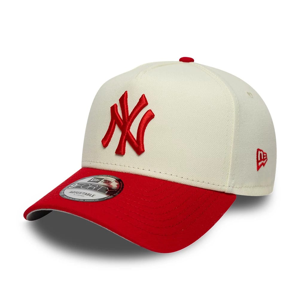Pictured is this MLB Chrome Scarlet New York Yankees 9FORTY A-Frame Adjustable cap in cream. 1