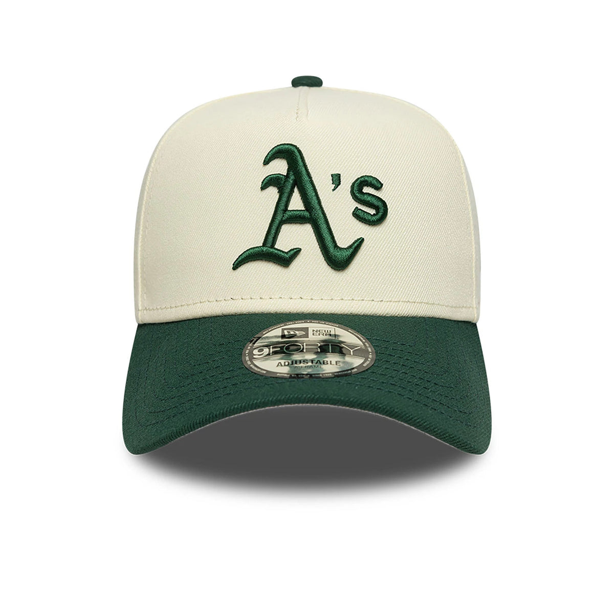 Athletics Chrome White And Dark Green New Era 9FORTY A-Frame Adjustable Cap, front view showing the green embroidered A's logo centred on the white front panel, with a dark green curved visor and a 9FORTY size sticker on top.