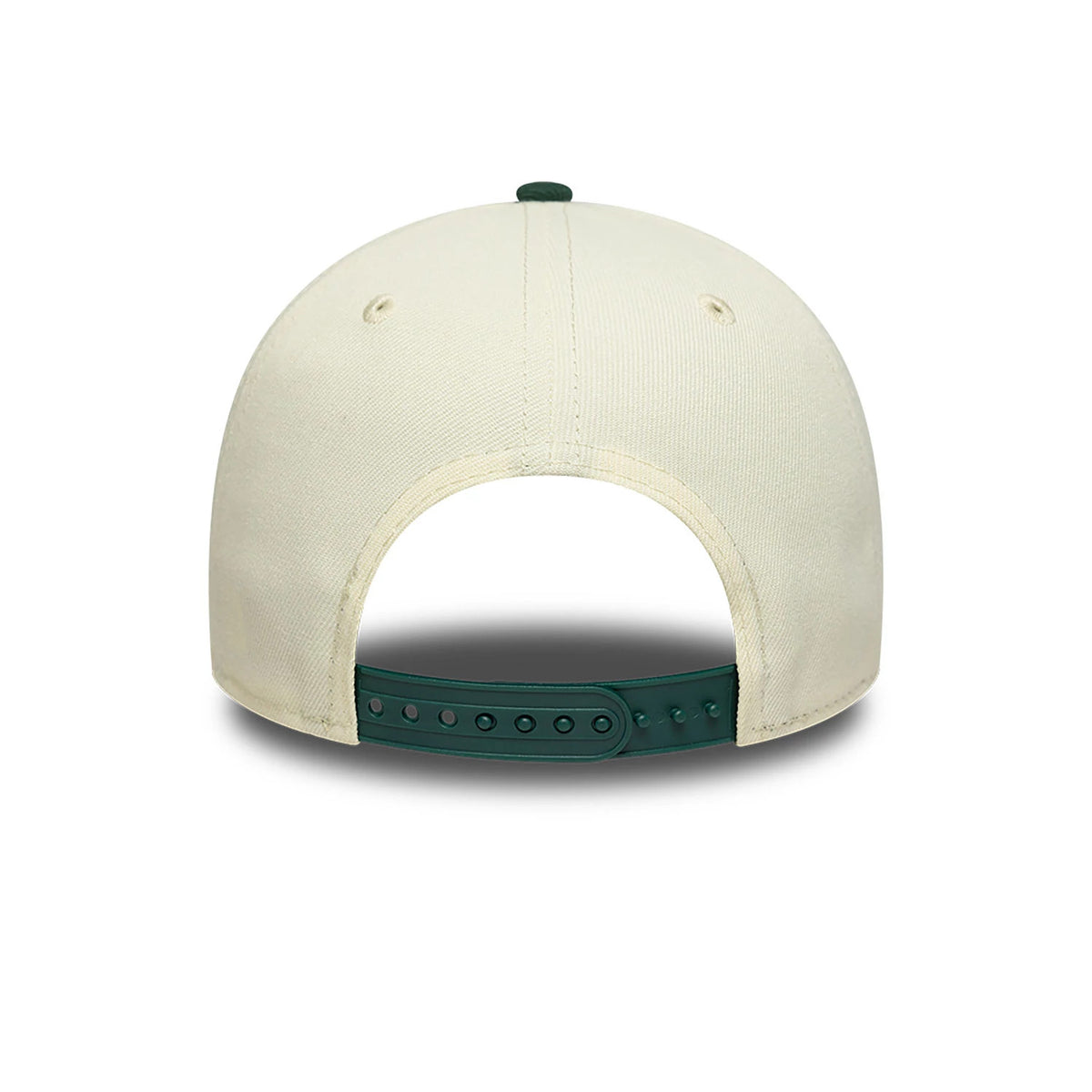 Athletics Chrome White And Dark Green New Era 9FORTY A-Frame Adjustable Cap, rear view showing the dark green adjustable strap with multiple holes, a structured white crown with matching eyelets, and a dark green top button.