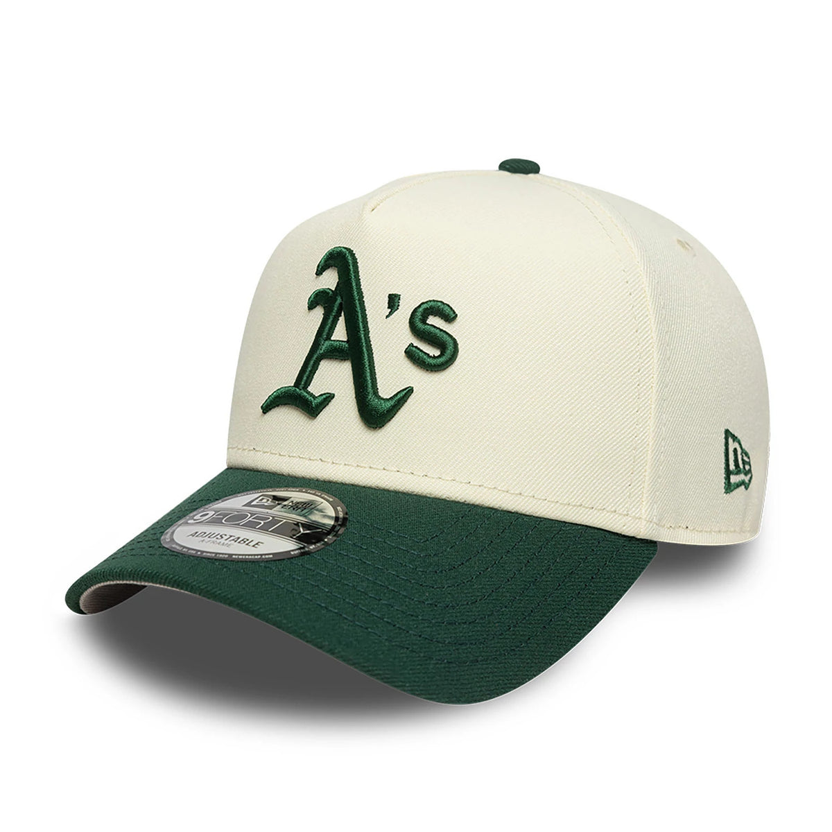 Athletics Chrome White And Dark Green New Era 9FORTY A-Frame Adjustable Cap, three-quarter view showing the dark green raised embroidered A's logo on the front panel, matching dark green curved visor, and New Era flag logo on the left side.
