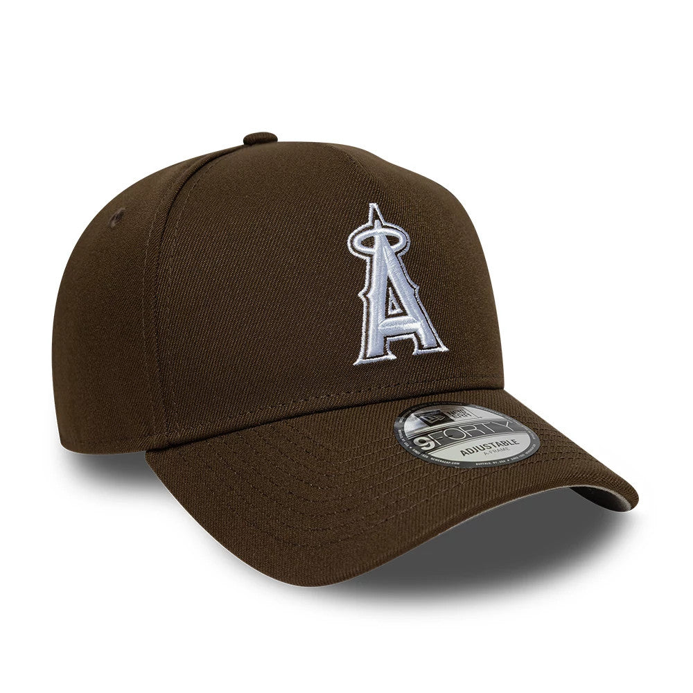 LA Angels MLB Dark Brown New Era 9FORTY A-Frame Adjustable Cap, three-quarter view showing the white embroidered LA Angels logo on the front panel, a dark brown curved visor with a 9FORTY size sticker, and a contoured crown.