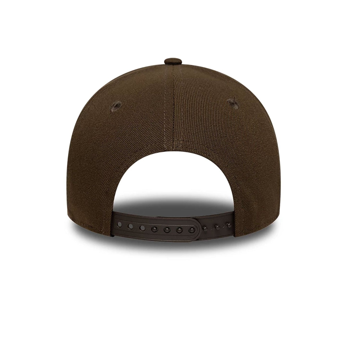LA Angels MLB Dark Brown New Era 9FORTY A-Frame Adjustable Cap, rear view showing a structured dark brown crown with matching top button and eyelets, and featuring an adjustable dark brown snap closure for a personalised fit.