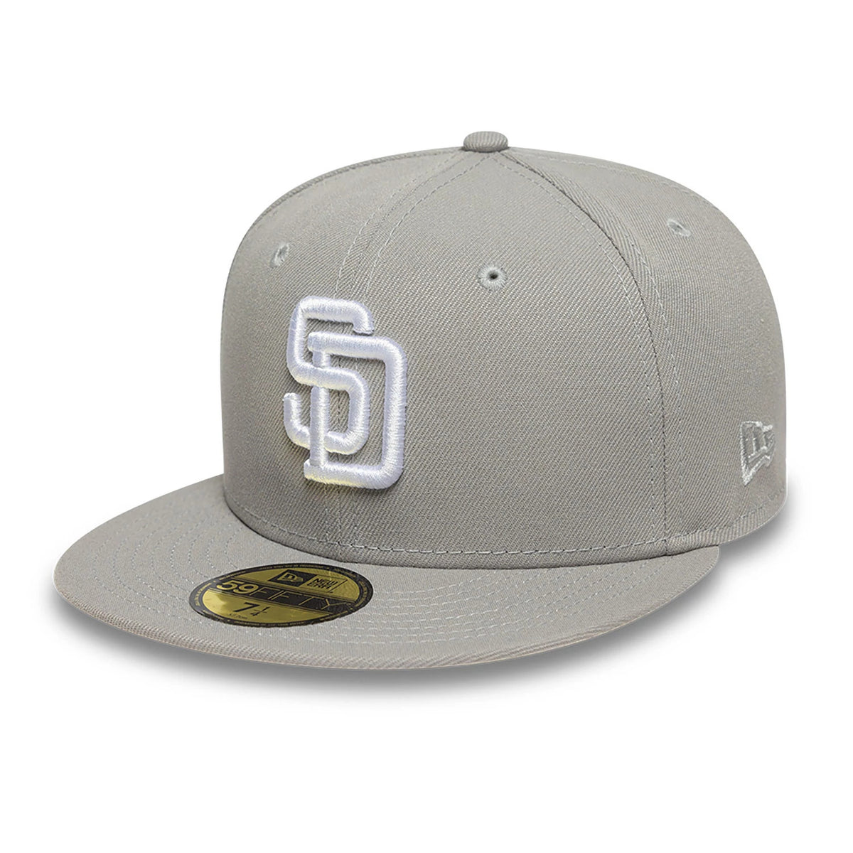San Diego Padres Essential Pack Grey New Era 59FIFTY Fitted Cap, front view showing the raised white embroidered SD logo on the front panel, with a gold 59FIFTY size sticker on the flat grey visor and the New Era flag logo on the left side.