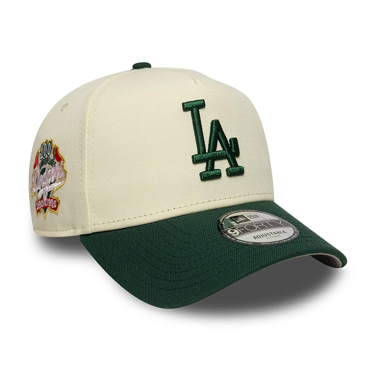 LA Dodgers Chrome White And Dark Green New Era 9FORTY A-Frame Adjustable Cap, three-quarter view showing the dark green embroidered LA logo on the front white panel, with a dark green visor and 9FORTY size sticker.