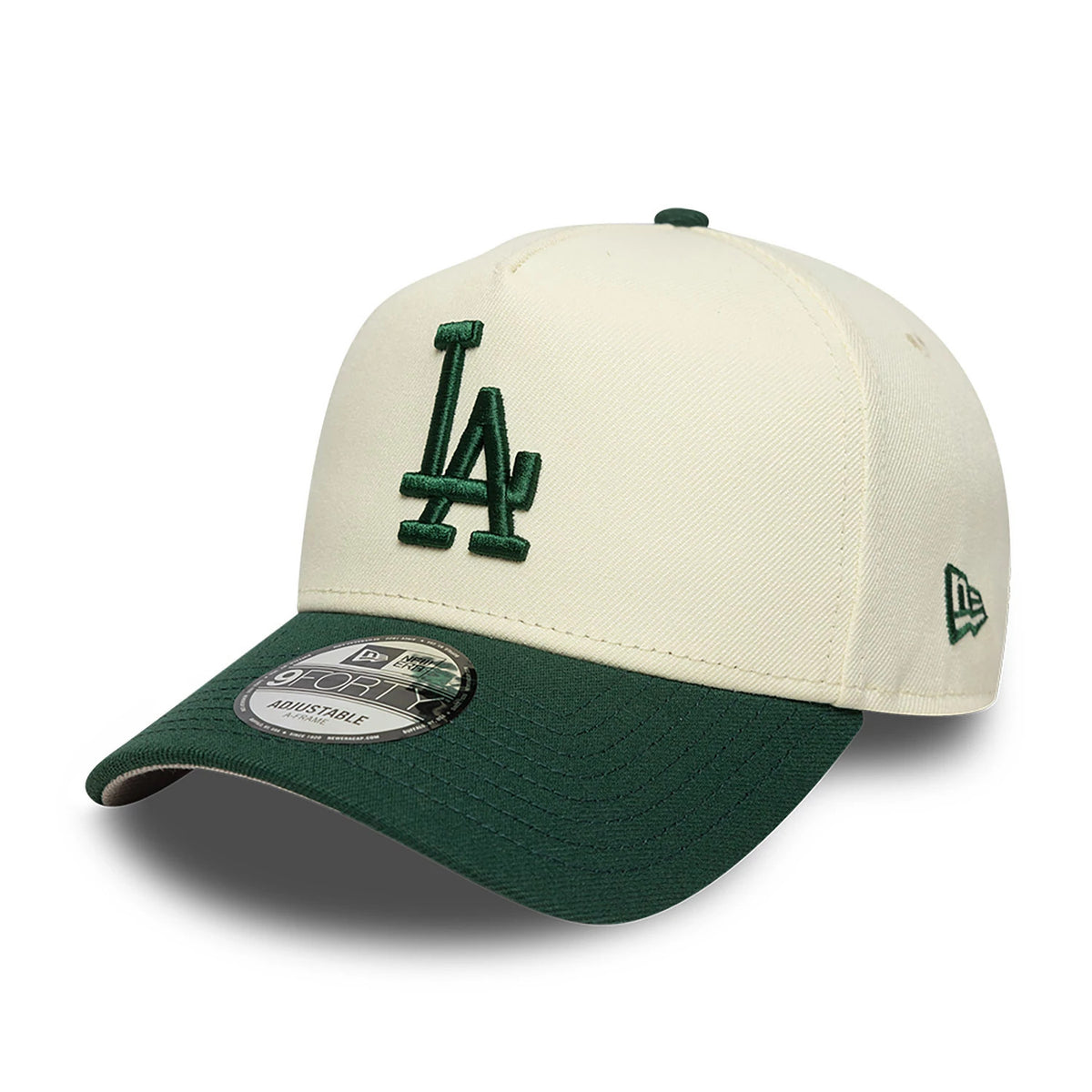 LA Dodgers Chrome White And Dark Green New Era 9FORTY A-Frame Adjustable Cap, front view showing a dark green embroidered LA logo on the white front panel, contrasted with a dark green curved visor and a 9FORTY size sticker.