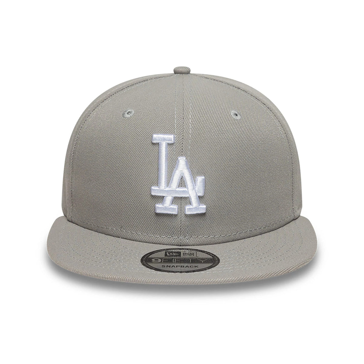 LA Dodgers Essential Pack Grey New Era 9FIFTY Snapback Adjustable Cap, front view showing the raised white embroidered LA team logo centred on the structured grey crown, with a matching grey visor and a 9FIFTY size sticker on the visor.