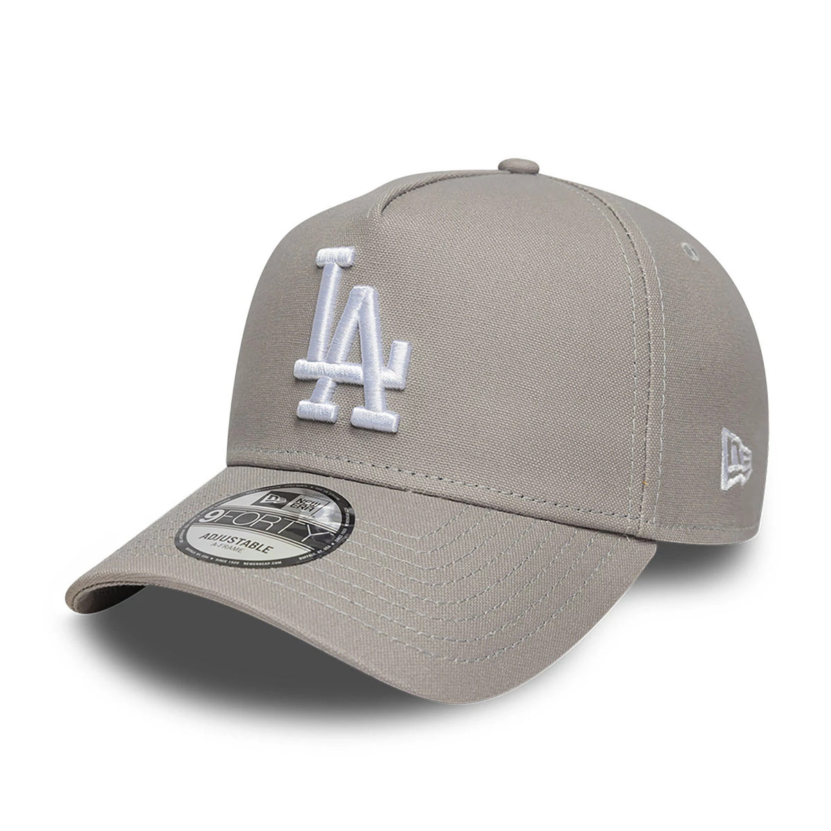LA Dodgers Essential Pack Grey New Era 9FORTY A-Frame Adjustable Cap, front view showing the raised white LA logo embroidered on the structured grey crown, curved grey visor with a 9FORTY size sticker, and New Era flag logo on the left side.