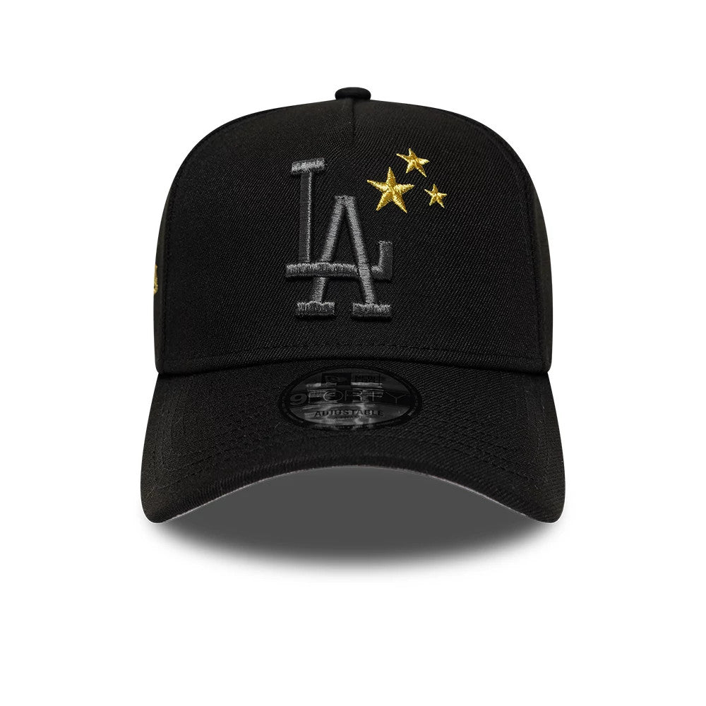 LA Dodgers MLB Cooperstown Black New Era 9FORTY A-Frame Cap, front view with a grey embroidered LA logo on the black front panel, three gold stars above, and a 9FORTY size sticker on the black curved visor.