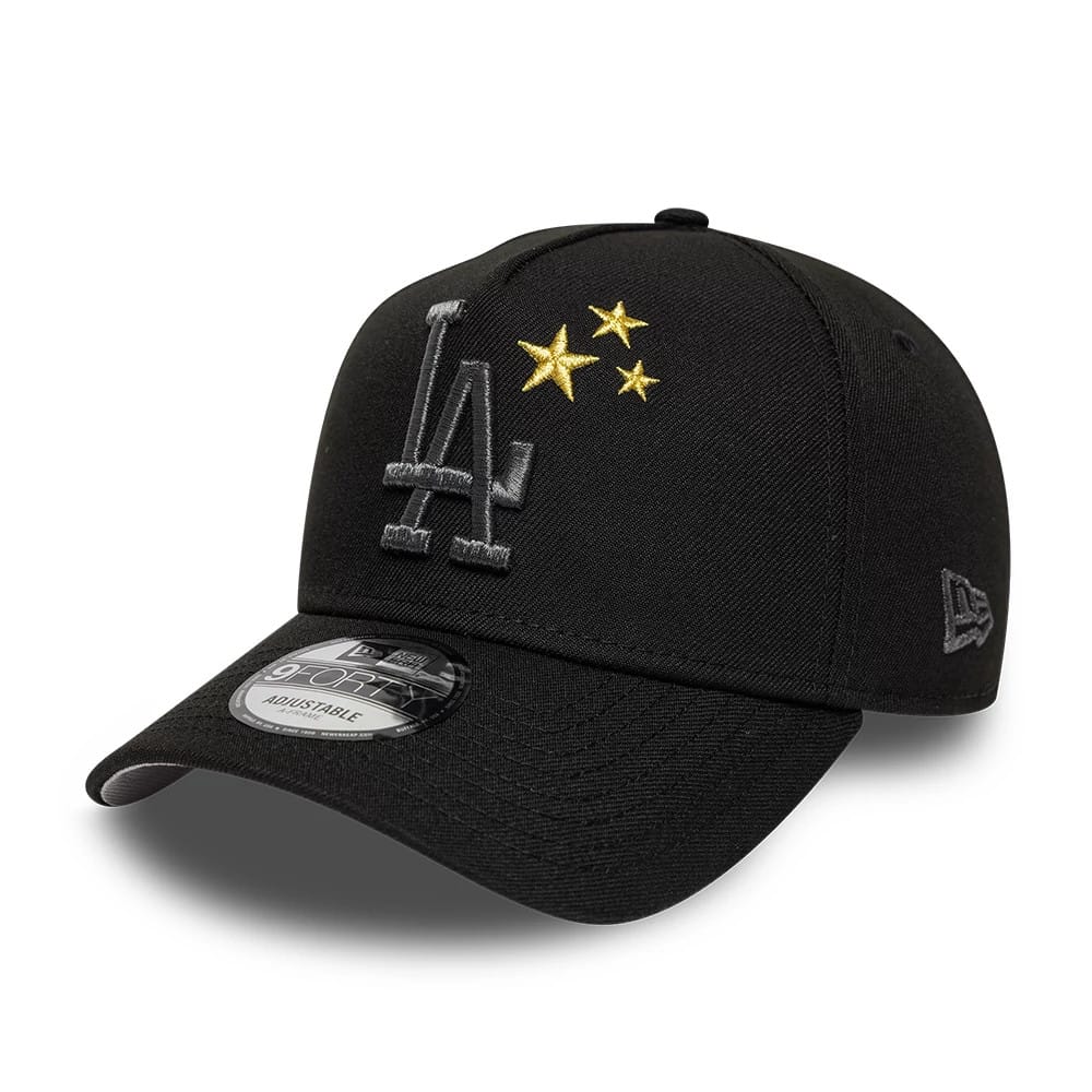 LA Dodgers MLB Cooperstown Black New Era 9FORTY A-Frame Cap, front view showing the raised grey LA logo with three gold stars embroidered above it, black curved visor with a 9FORTY size sticker, and grey New Era flag logo on the left side.