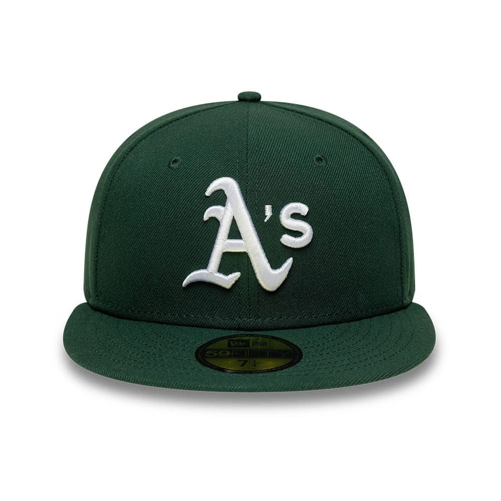 Athletics MLB Dark Green New Era 59FIFTY Fitted Cap, front view showing the white raised embroidered A's logo on the dark green front panel, with a matching flat visor and gold 59FIFTY size sticker on the visor.