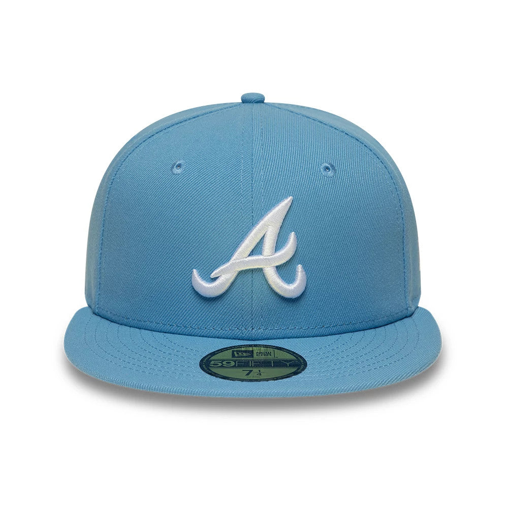 Atlanta Braves MLB Pastel Blue New Era 59FIFTY Fitted Cap, front view showing the raised white embroidered A logo on the structured pastel blue crown, with a matching visor and a gold 59FIFTY size sticker placed centrally.
