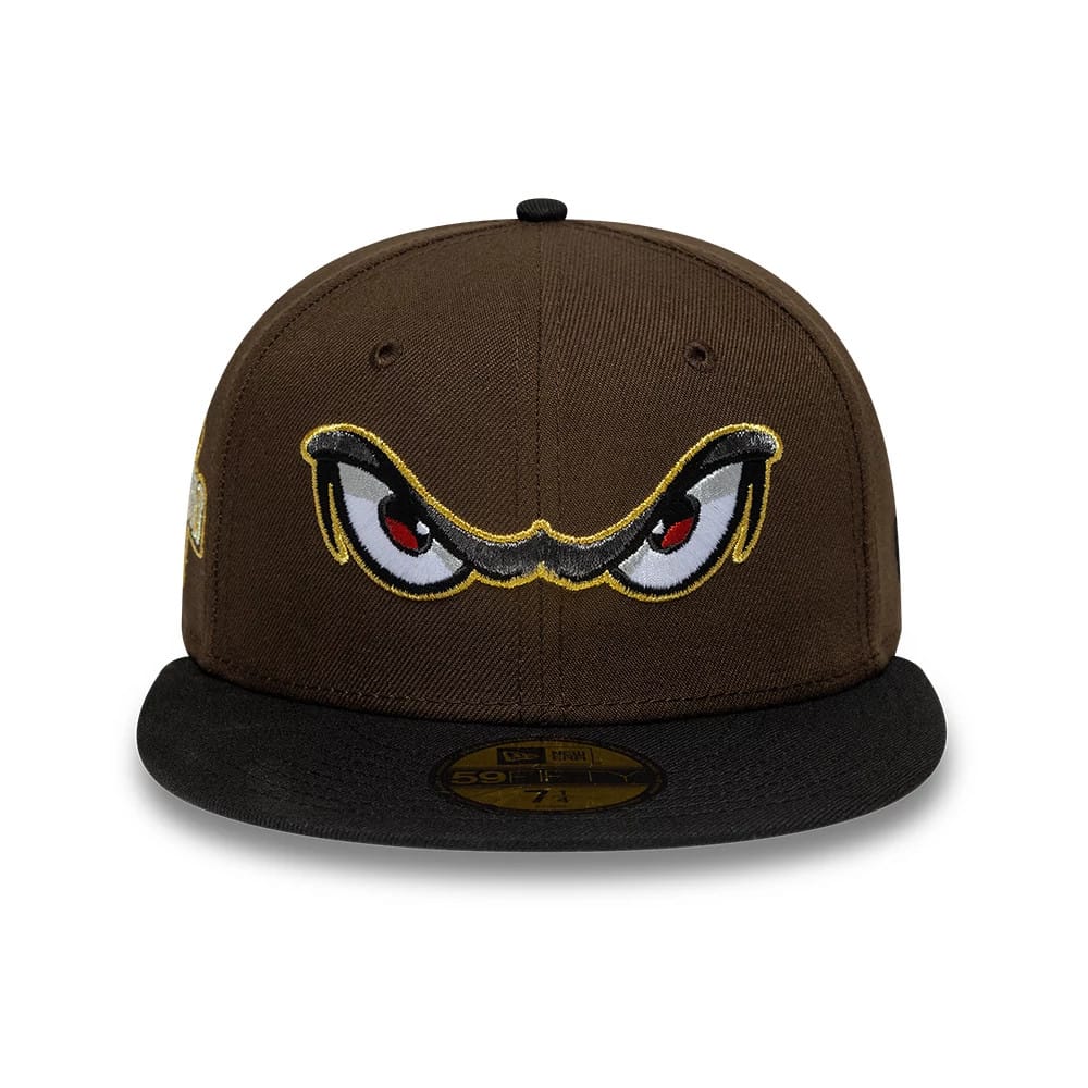Pictured is this MiLB Pinwheel Lake Elsinore Storm 59FIFTY Fitted cap in dark brown & black. 3