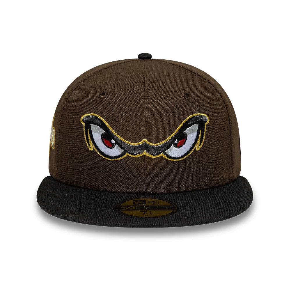 Pictured is this MiLB Pinwheel Lake Elsinore Storm 59FIFTY Fitted cap in dark brown & black. 3
