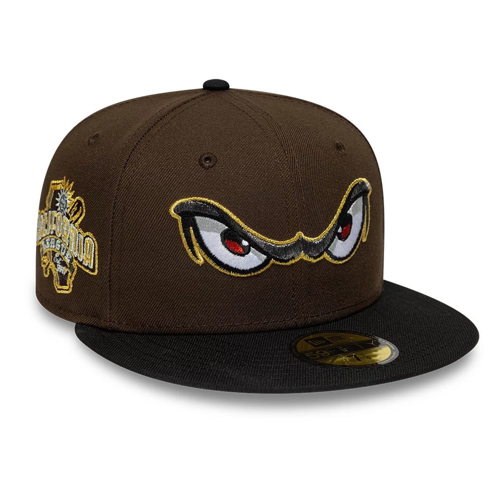 Pictured is this MiLB Pinwheel Lake Elsinore Storm 59FIFTY Fitted cap in dark brown & black. 1
