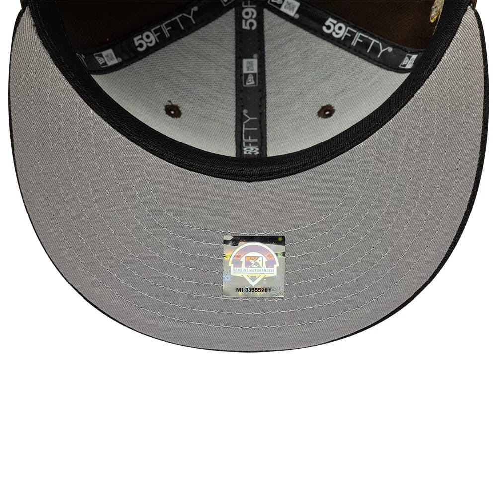Pictured is this MiLB Pinwheel Lake Elsinore Storm 59FIFTY Fitted cap in dark brown & black. 2