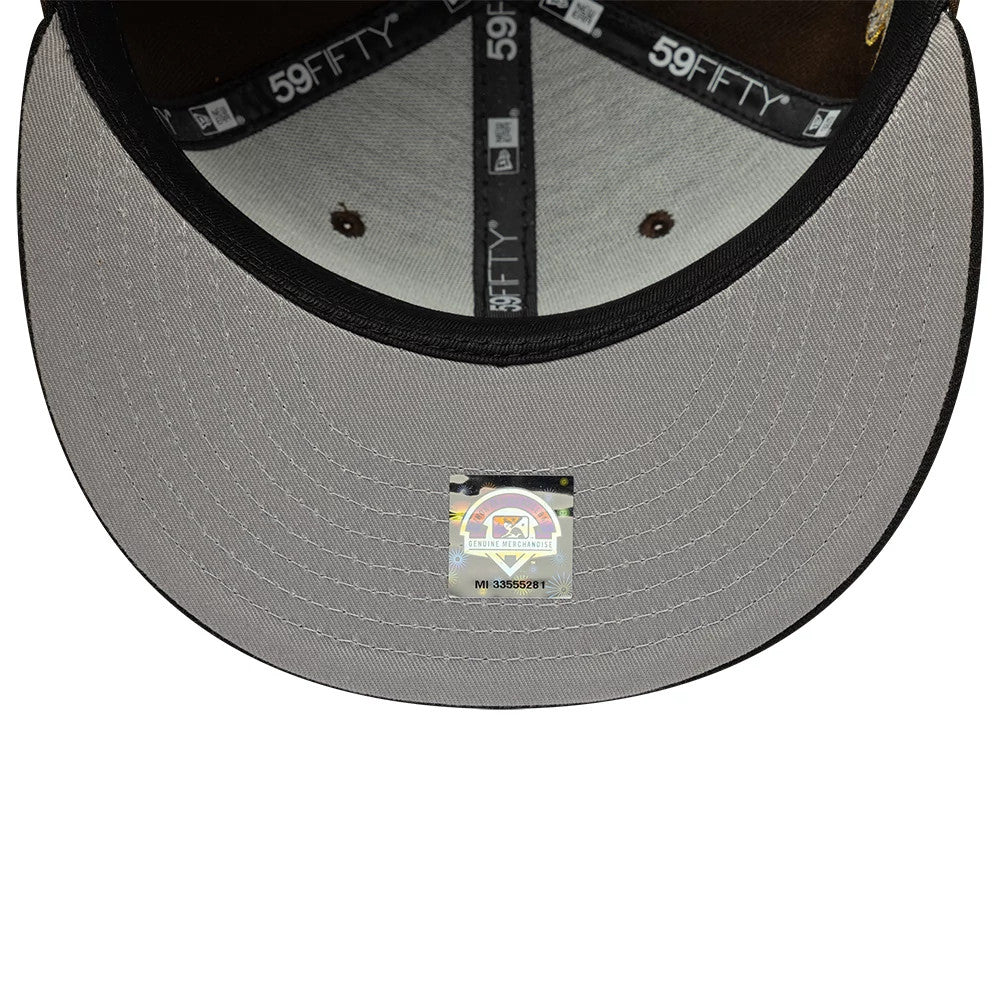 Pictured is this MiLB Pinwheel Lake Elsinore Storm 59FIFTY Fitted cap in dark brown & black. 2