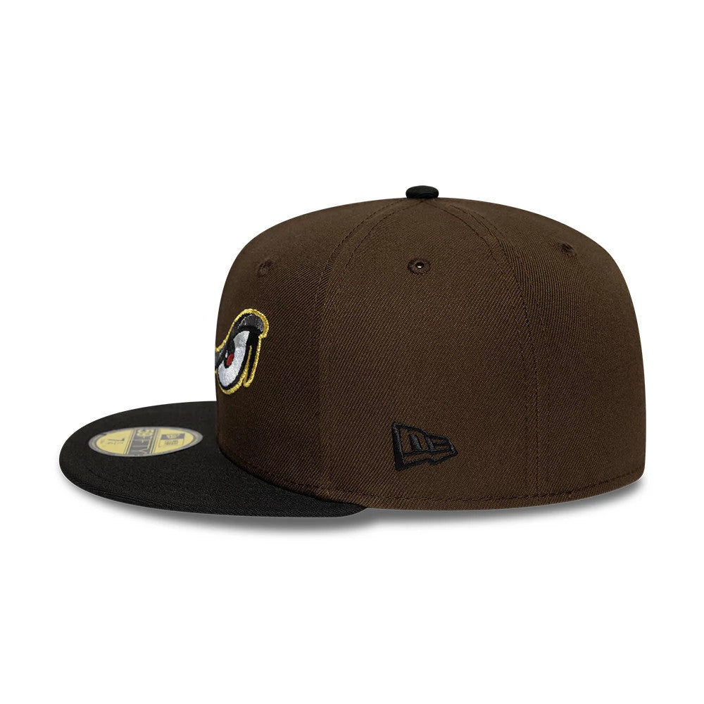 Pictured is this MiLB Pinwheel Lake Elsinore Storm 59FIFTY Fitted cap in dark brown & black. 7