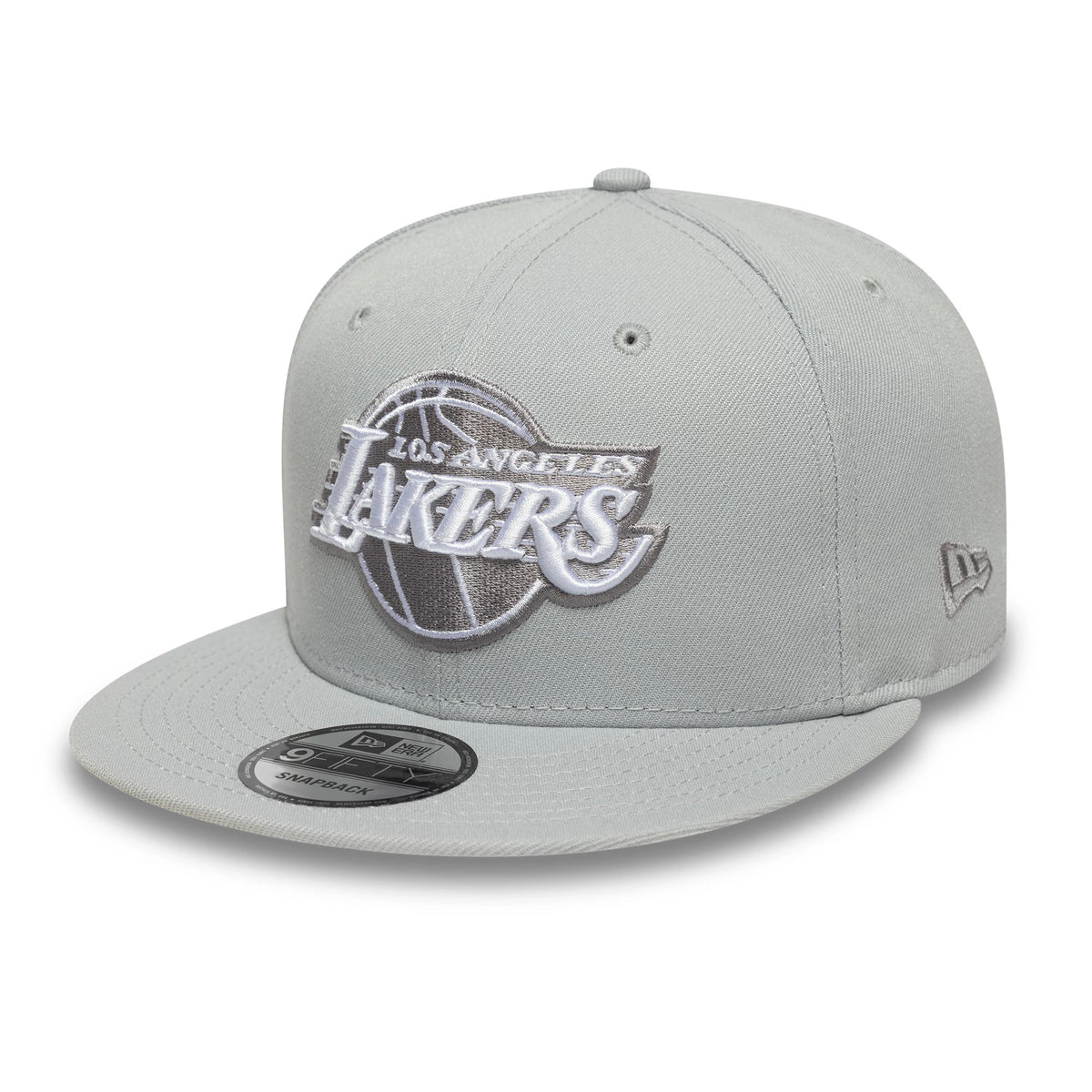 LA Lakers NBA Essential Pack Grey New Era 9FIFTY Snapback Adjustable Cap, front view showing the grey and white embroidered Lakers logo on the front panel, flat grey visor with a 9FIFTY size sticker, and New Era flag logo on the left side.