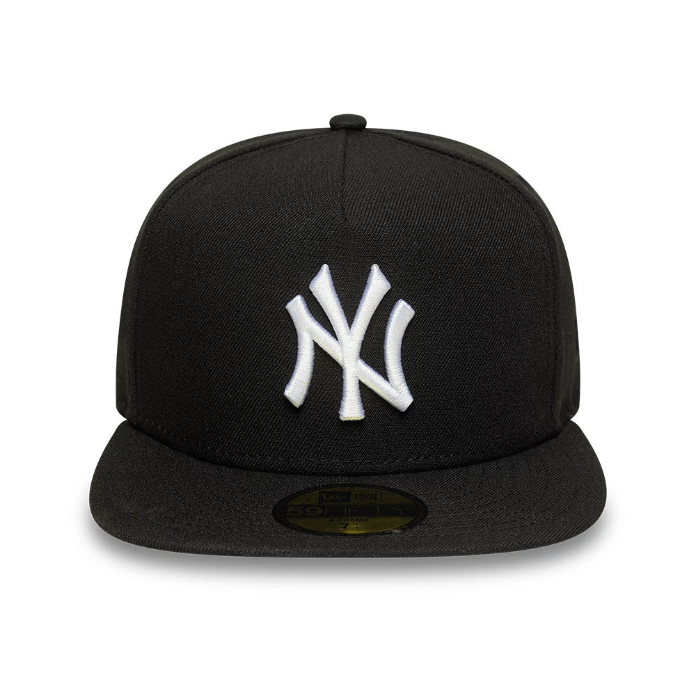 New York Yankees MLB Black New Era 59FIFTY A-Frame Fitted Cap, front view showing the raised white embroidered NY logo on the structured black crown, with a flat black visor and a gold 59FIFTY size sticker on the centre.
