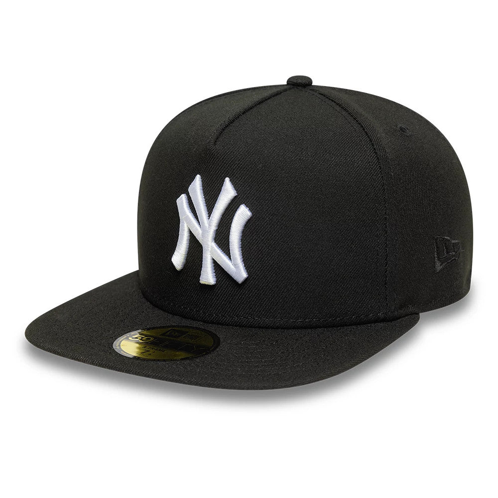 New York Yankees MLB Black New Era 59FIFTY A-Frame Fitted Cap, three-quarter view showing the raised white NY logo embroidered on the front panel, flat black visor with a gold 59FIFTY size sticker, and New Era flag logo on the left side.