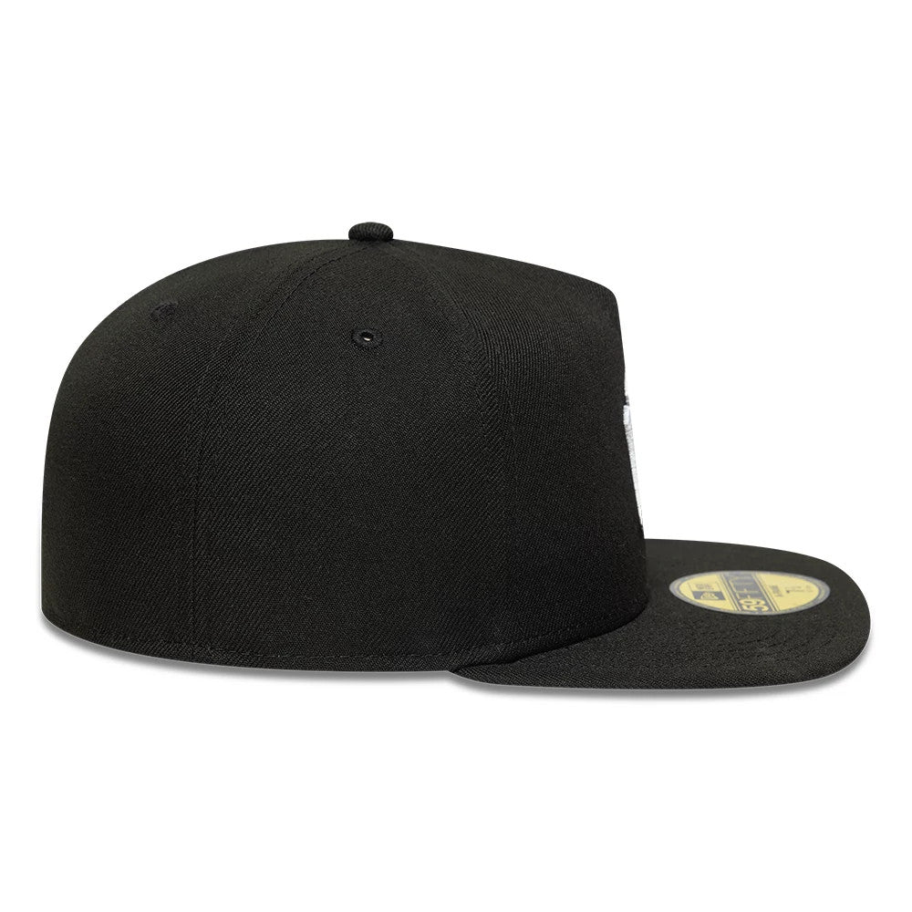 New York Yankees MLB Black New Era 59FIFTY A-Frame Fitted Cap, side view showing a black structured crown with evenly spaced eyelets and a gold 59FIFTY size sticker on the black flat visor for an understated yet finish.