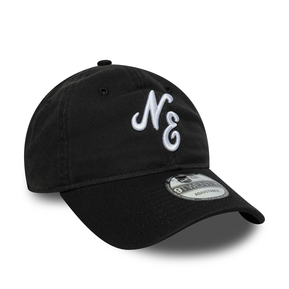 New Era Black 9TWENTY Adjustable Cap, three-quarter view showing a raised white NE embroidery on the front panel, a curved black visor with a 9TWENTY size sticker, and sewn eyelets on an unstructured black crown.