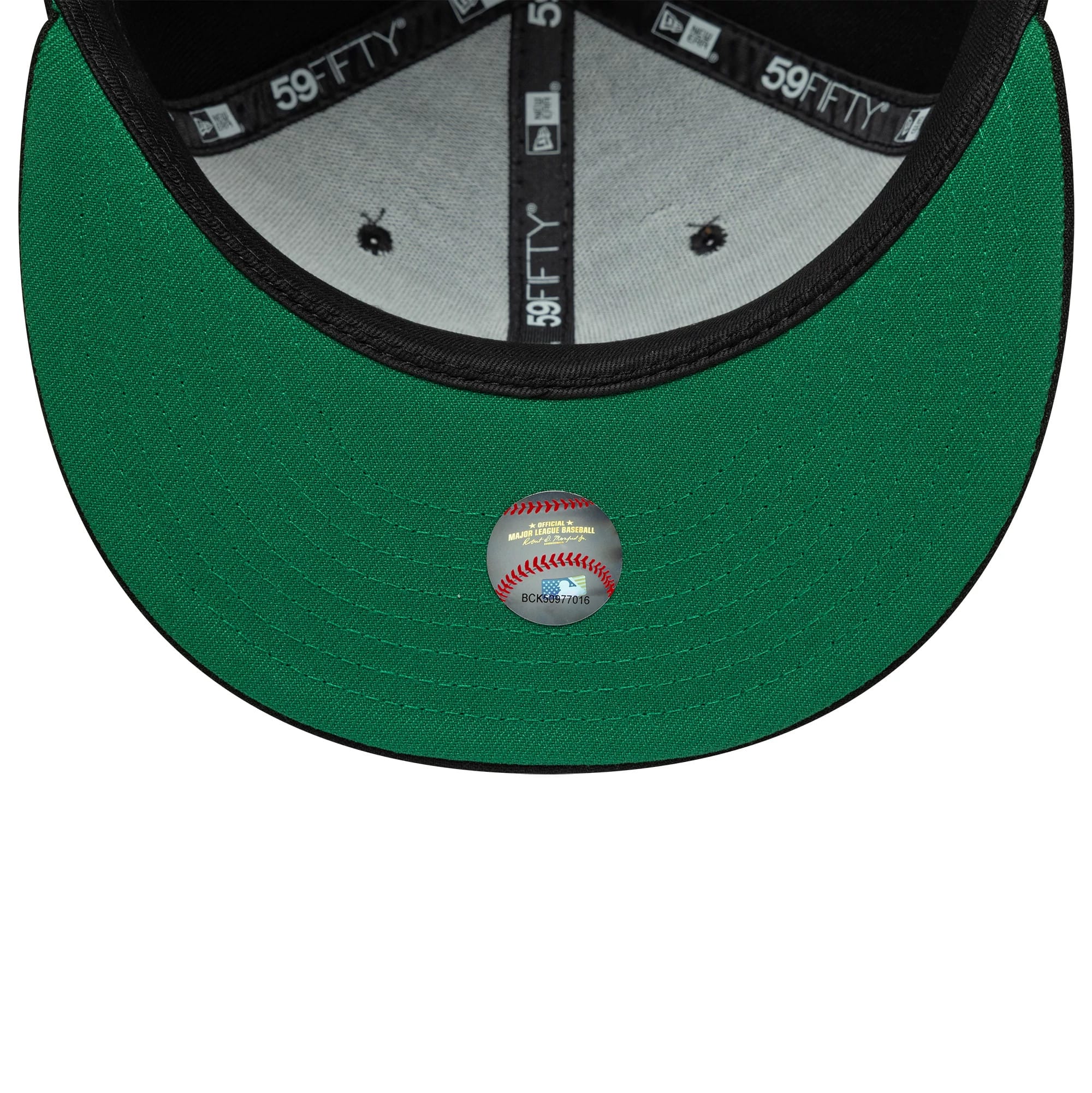 New York Yankees MLB Black New Era 59FIFTY Fitted Cap, inside view showing the green undervisor with a baseball sticker, complemented by black sweatband and branded taping, and black eyelets on grey panels.