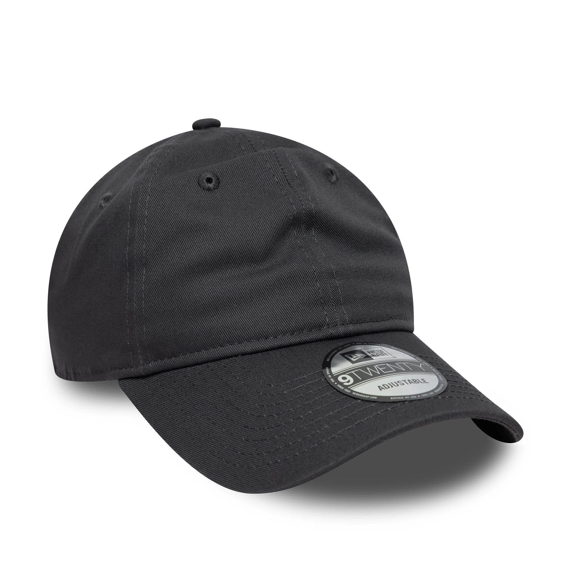 New Era Dark Grey 9TWENTY Adjustable Cap, front view showing a curved visor with stitching, a black fabric finish on the structured crown, and a 9TWENTY size sticker centrally placed on the visor.