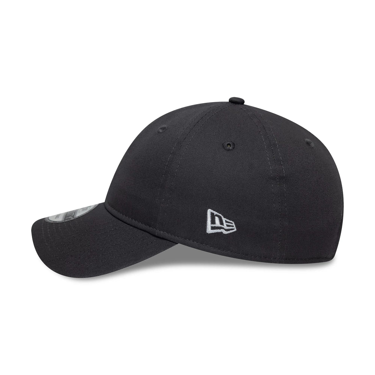 New Era Dark Grey 9TWENTY Adjustable Cap, side view showing the white embroidered New Era flag logo on the left side, with a curved visor, and a 9TWENTY size sticker on the dark grey crown.