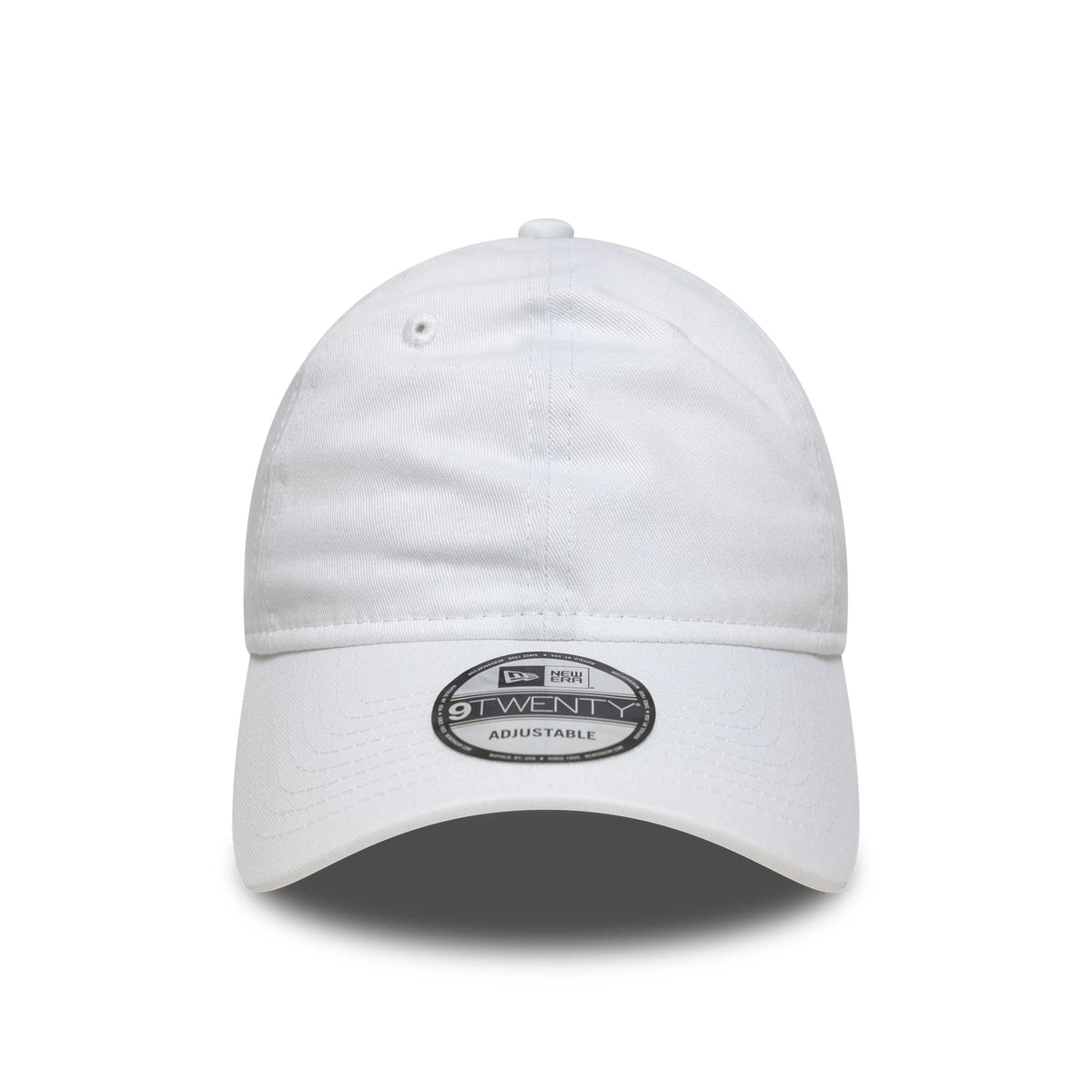 New Era White 9TWENTY Adjustable Cap, front view showing a curved visor with a prominent 9TWENTY size sticker, unstructured white crown with stitching and two small embroidered eyelets for ventilation.