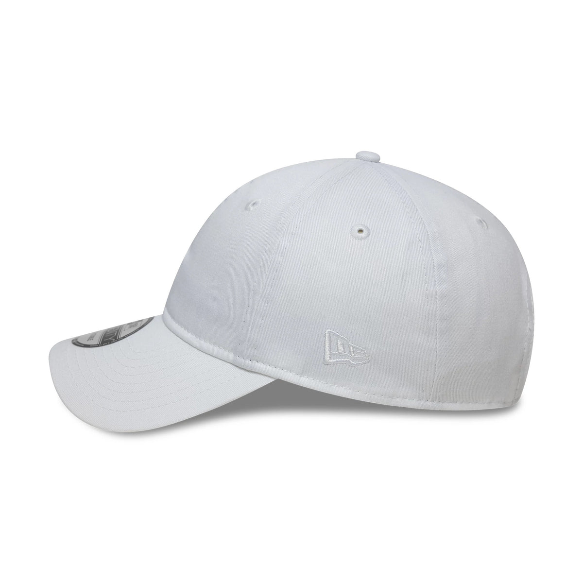 New Era White 9TWENTY Adjustable Cap, side view showing the white embroidered New Era flag logo on the left side, a white structured crown with matching eyelets, and a curved white visor with a 9TWENTY size sticker.
