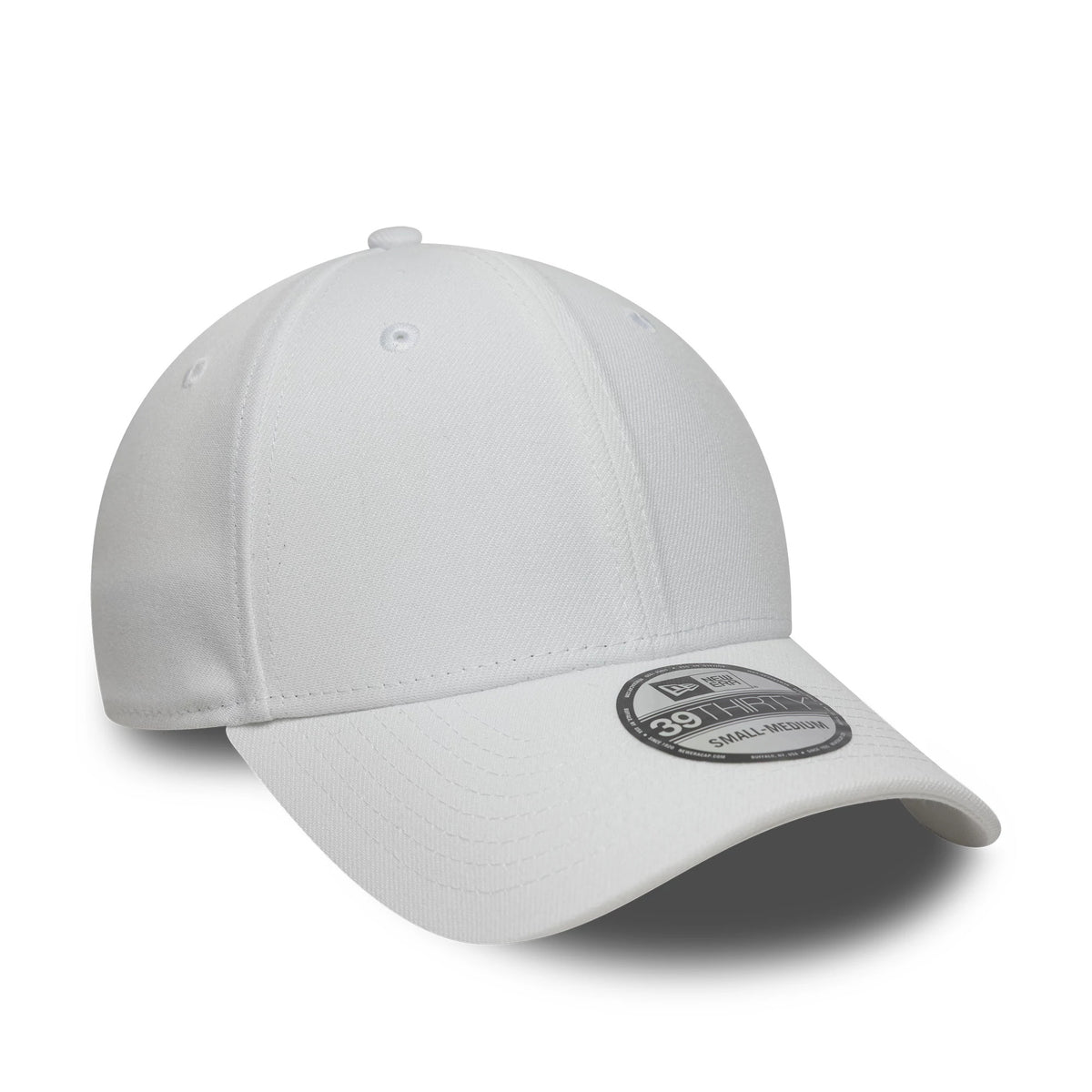 New Era White 39THIRTY Stretch Fit Cap, three-quarter view showing the curved white visor with a 39THIRTY size sticker, white top button, and matching embroidered eyelets on the structured crown.