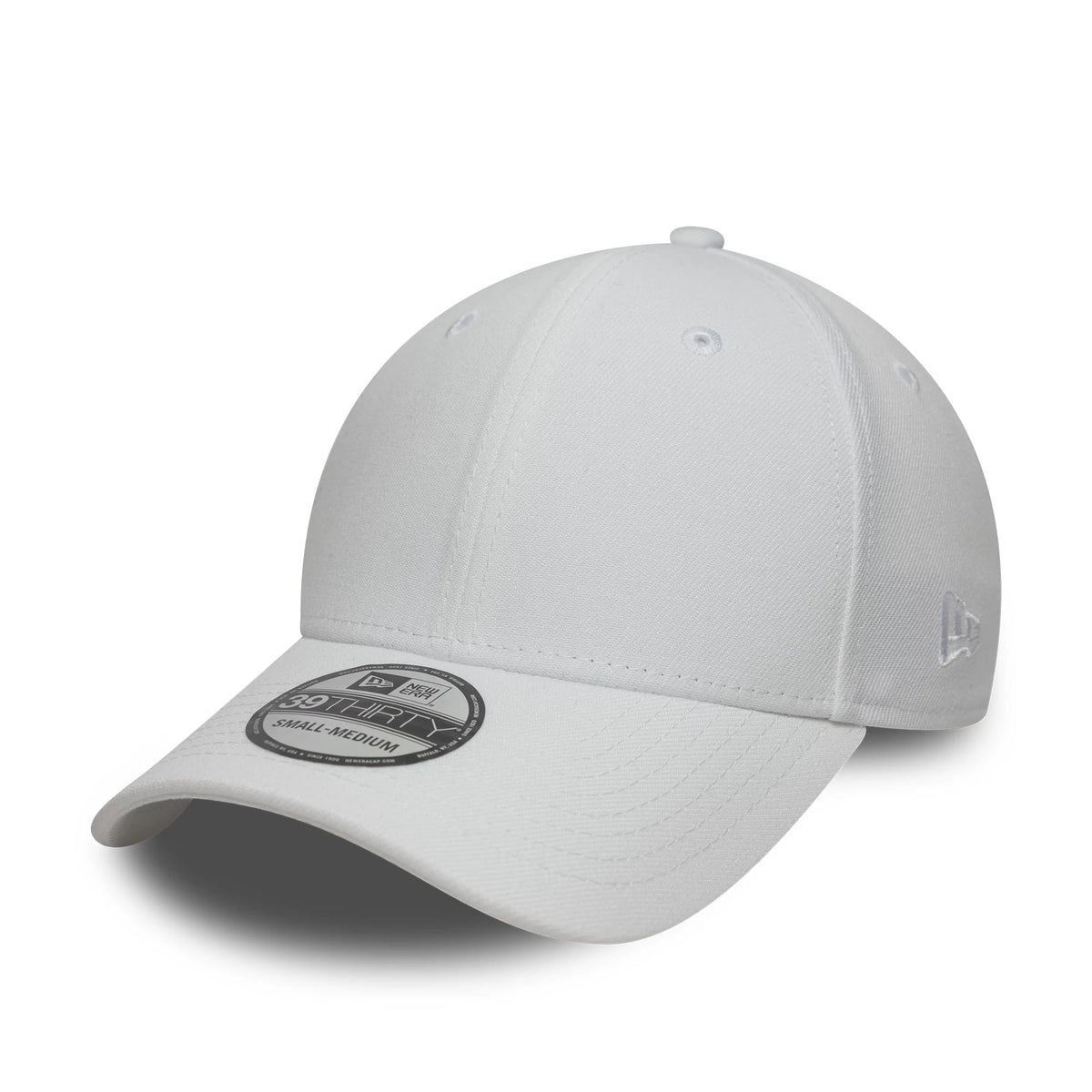 New Era White 39THIRTY Stretch Fit Cap, three-quarter view showing the white embroidered New Era flag logo on the left side of the structured white crown, with a grey 39THIRTY size sticker on the slightly curved visor and matching white eyelets.