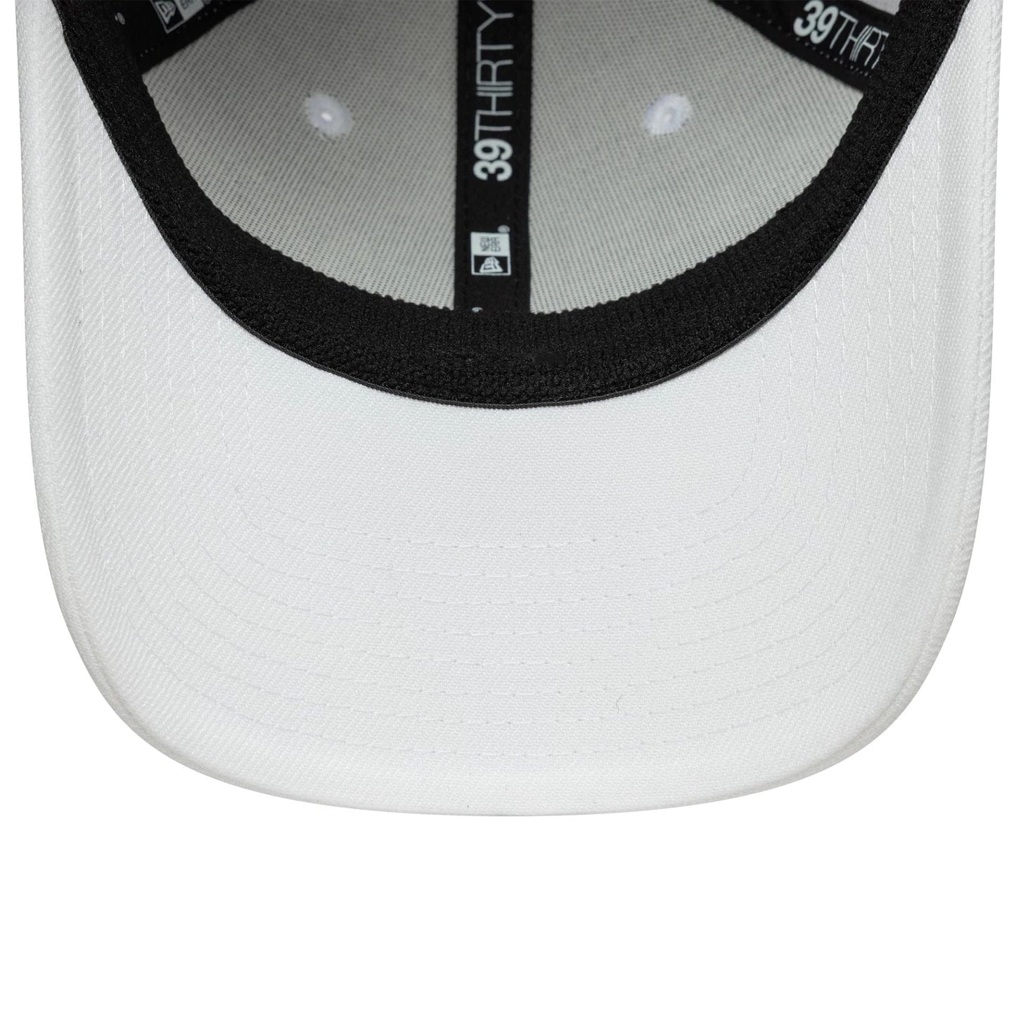 New Era White 39THIRTY Stretch Fit Cap, inside view showing black taping with white 39THIRTY branding, a black sweatband along the edge, and a white undervisor contrast against the cap's white interior fabric.