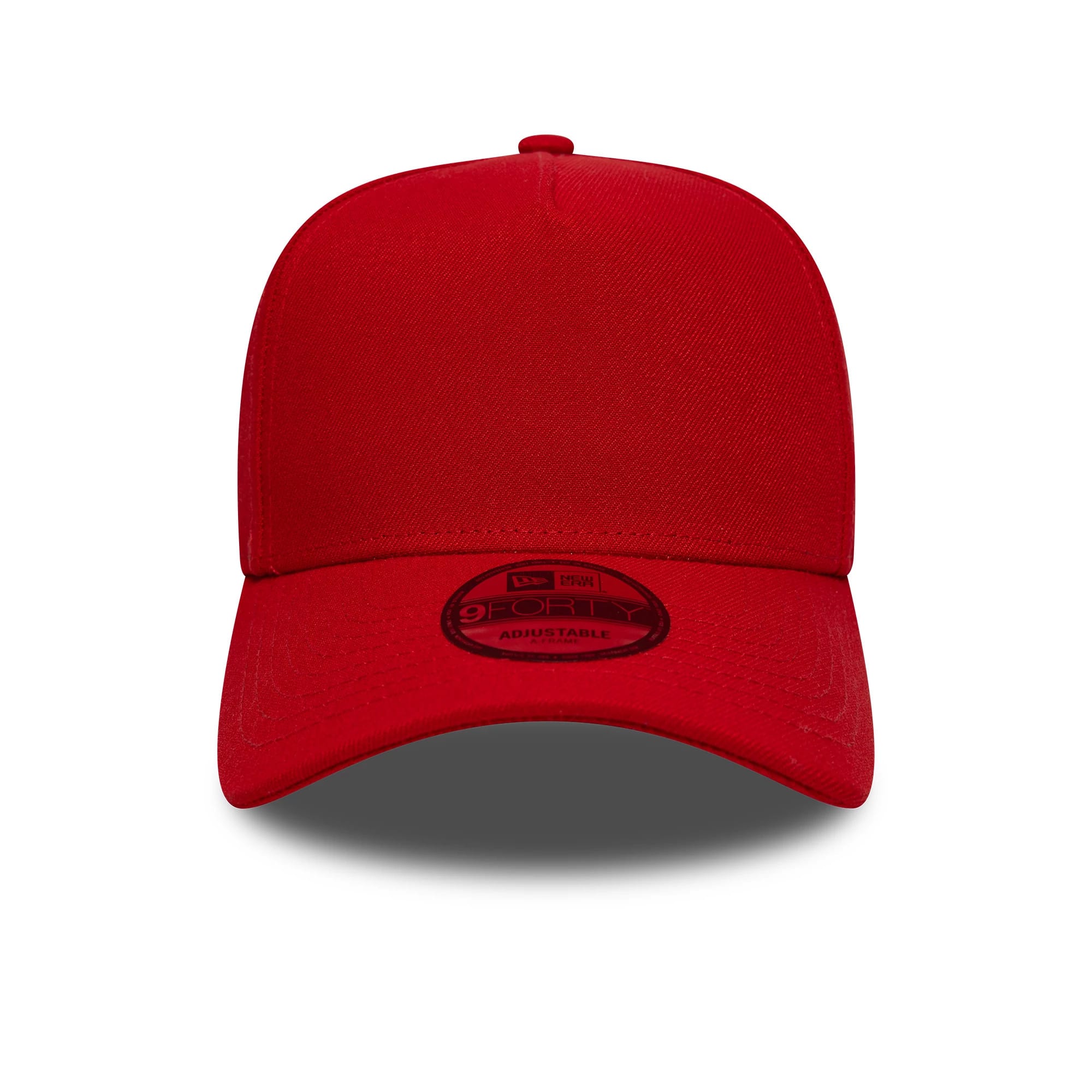 New Era Red 9FORTY A-Frame Adjustable Cap, front view showing a solid red structured crown with a matching curved visor and a centred red-and-black 9FORTY size sticker on the visor.