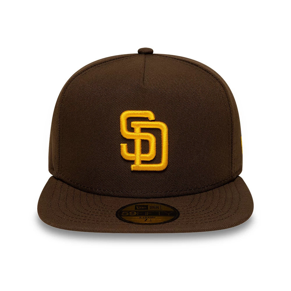 San Diego Padres MLB Dark Brown New Era 59FIFTY A-Frame Fitted Cap, front view showing the raised yellow SD logo embroidered on the centre front panel, flat dark brown visor, and the gold 59FIFTY size sticker on top.