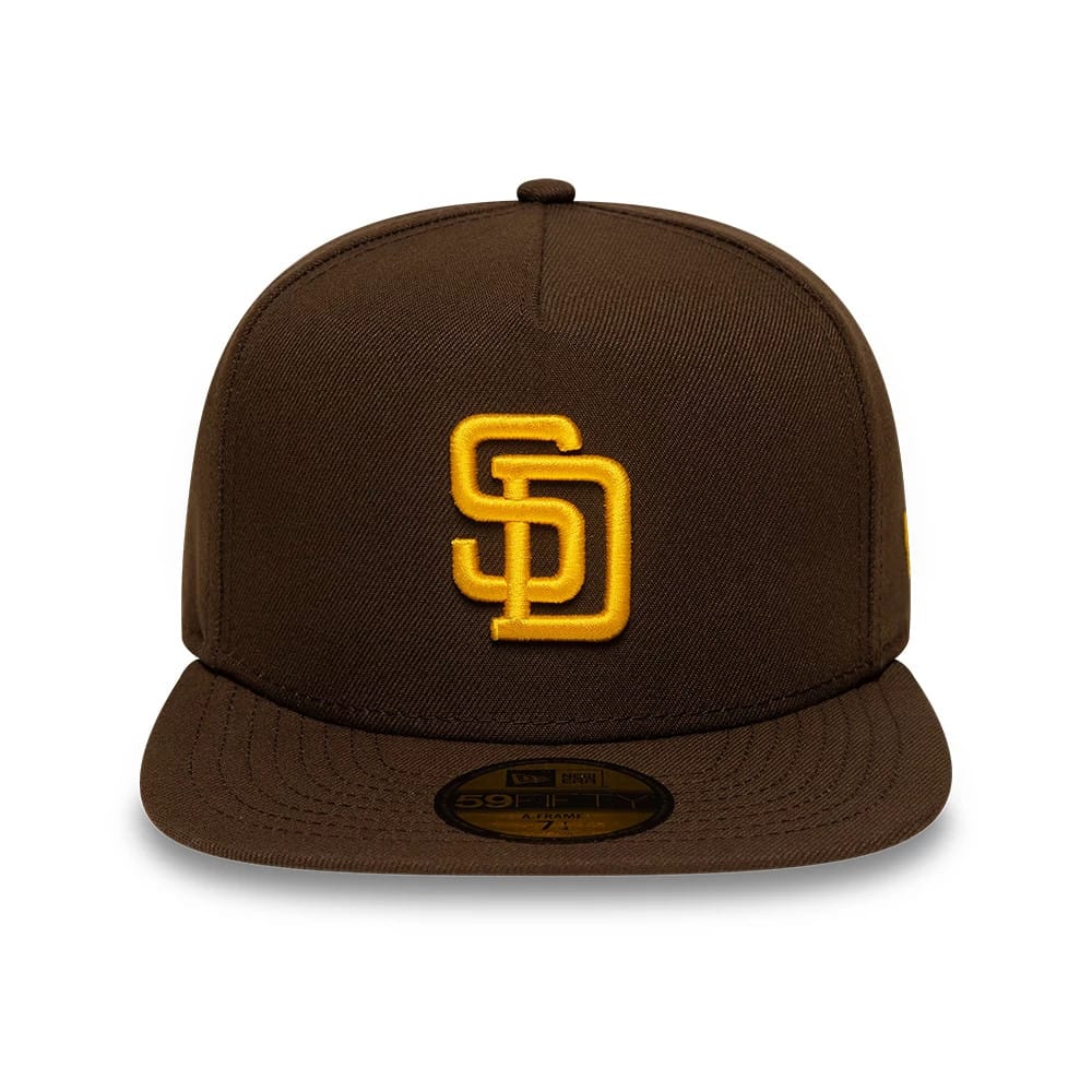 San Diego Padres MLB Dark Brown New Era 59FIFTY A-Frame Fitted Cap, front view showing the raised yellow SD logo embroidered on the centre front panel, flat dark brown visor, and the gold 59FIFTY size sticker on top.