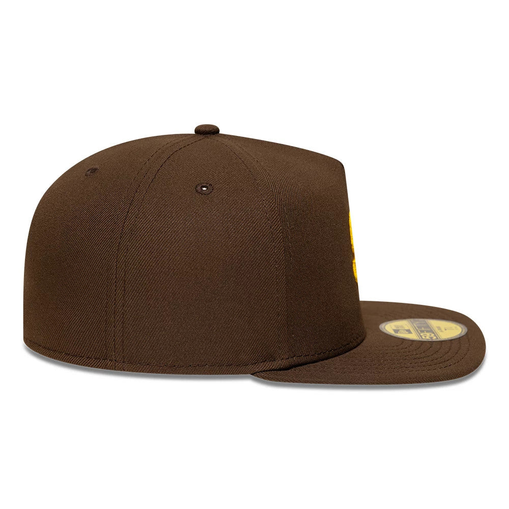San Diego Padres MLB Dark Brown New Era 59FIFTY A-Frame Fitted Cap, side view showing the structured dark brown crown with brown embroidered eyelets and top button, featuring a flat visor with a gold 59FIFTY size sticker underneath.