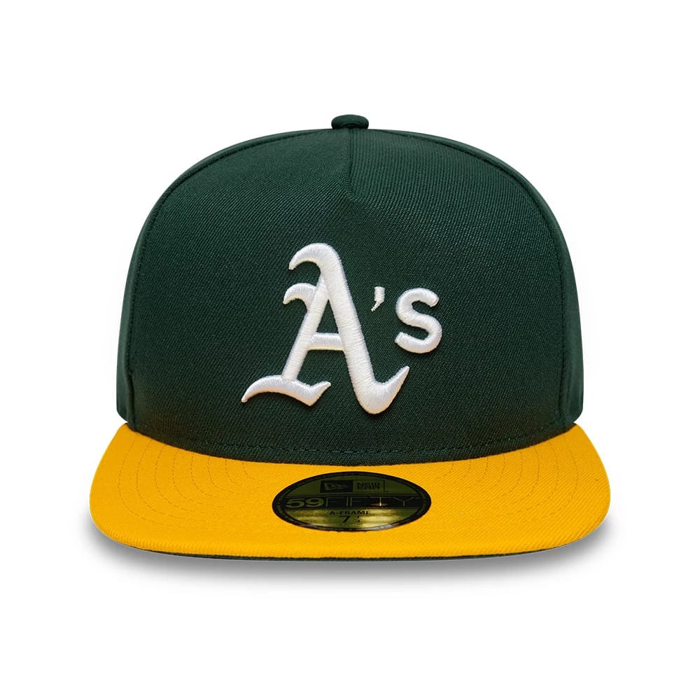 Athletics MLB Flat Dark Green & Yellow New Era 59FIFTY A-Frame Fitted Cap, front view showing the raised white embroidered A's logo on the dark green front panel, a contrasting yellow flat visor, and a gold 59FIFTY size sticker centrally placed.
