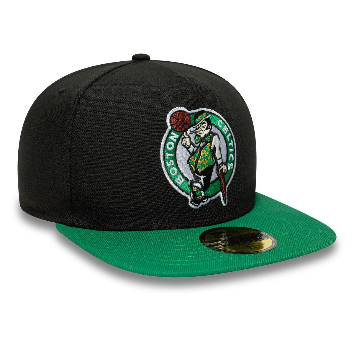 Boston Celtics NBA Flat Black & Green New Era 59FIFTY A-Frame Fitted Cap, three-quarter view showing the raised embroidered Celtics logo on the front panel, contrasted by a flat green visor and a gold 59FIFTY size sticker on the visor.