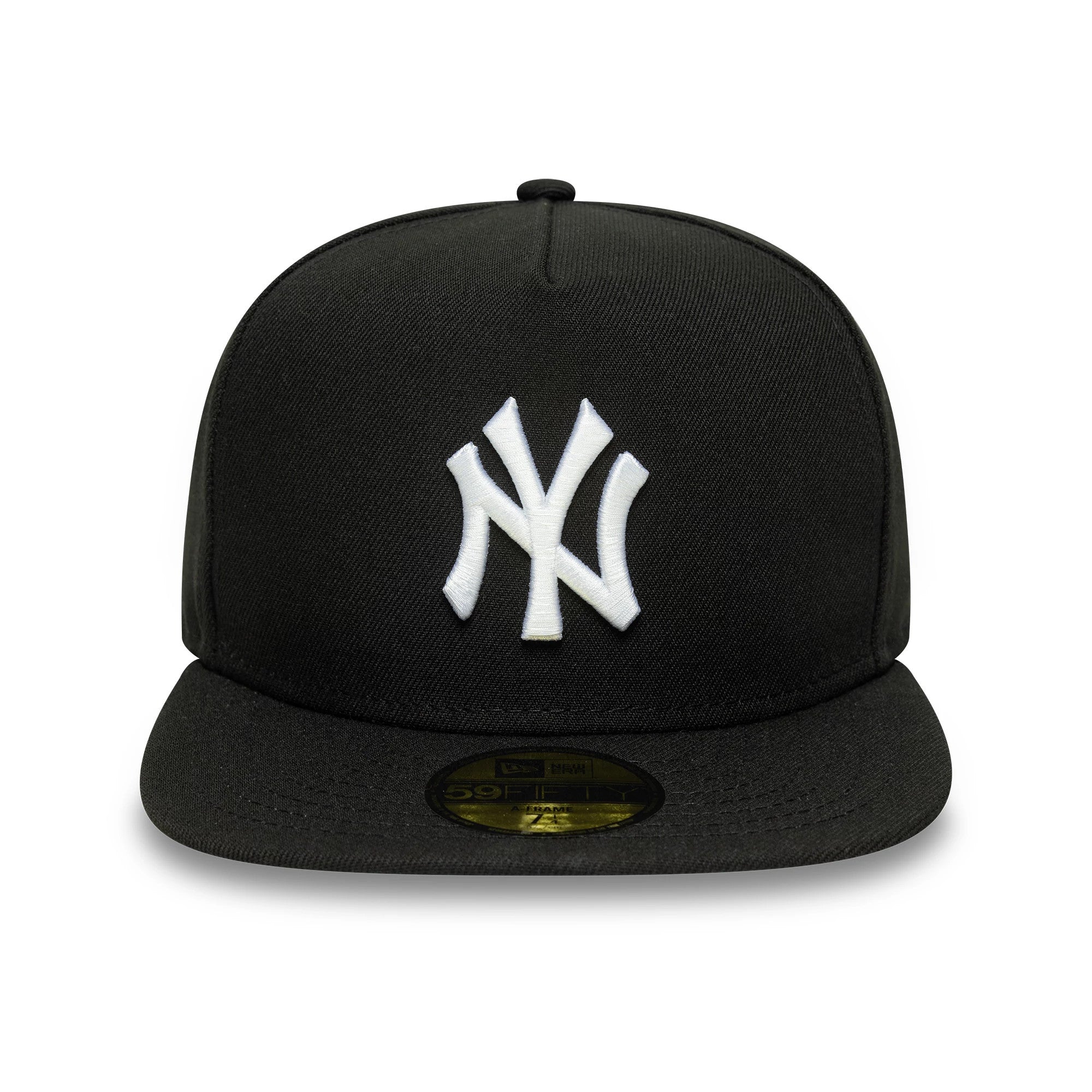 New York Yankees MLB Flat Black New Era 59FIFTY A-Frame Fitted Cap, front view showing the raised white NY Yankees logo embroidered on the structured black crown, flat black visor beneath, and gold 59FIFTY size sticker positioned on the visor.