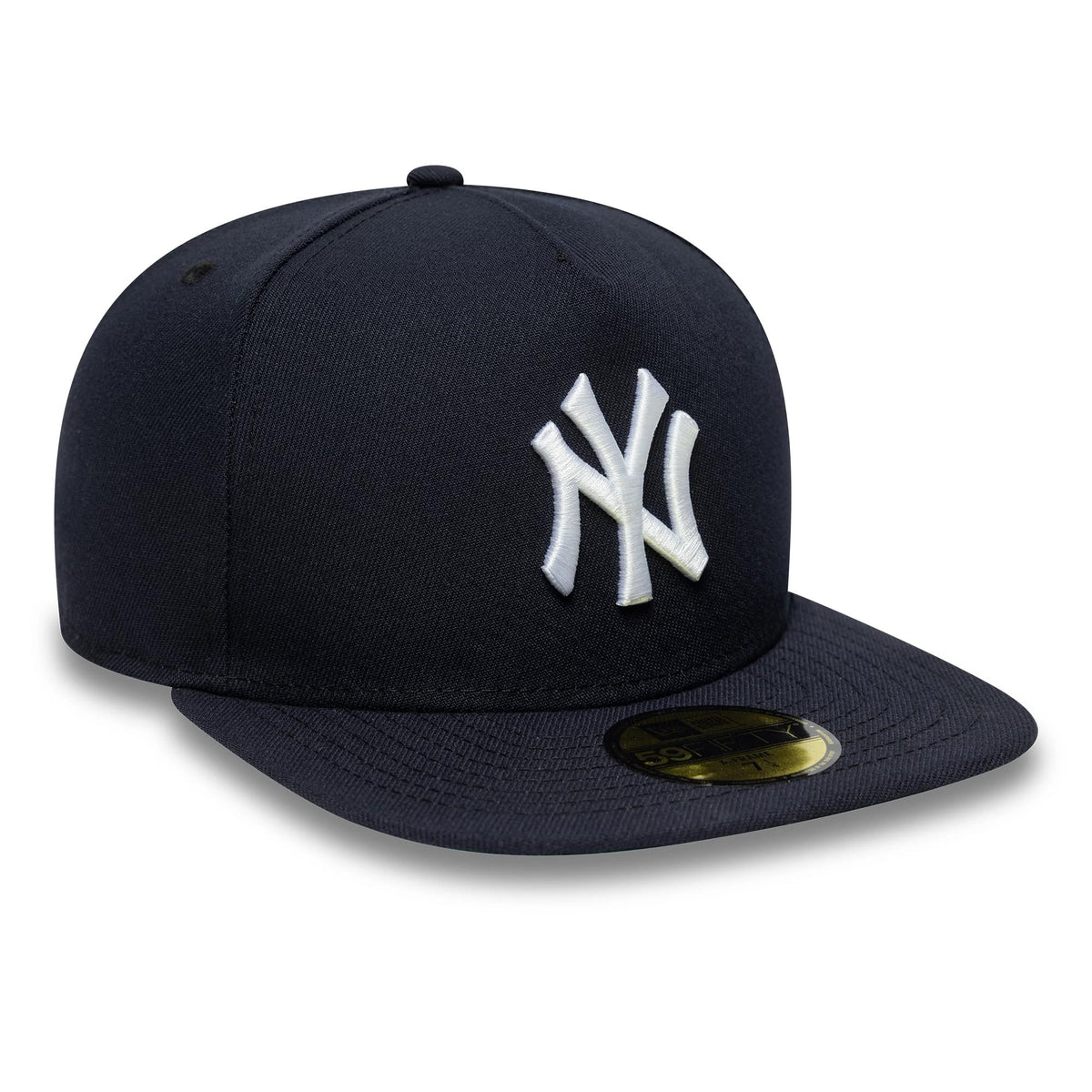 New York Yankees MLB Flat Navy New Era 59FIFTY A-Frame Fitted Cap, three-quarter view showing the raised white NY logo embroidered on the structured navy crown, a flat navy visor, and a gold 59FIFTY size sticker on top of the visor.